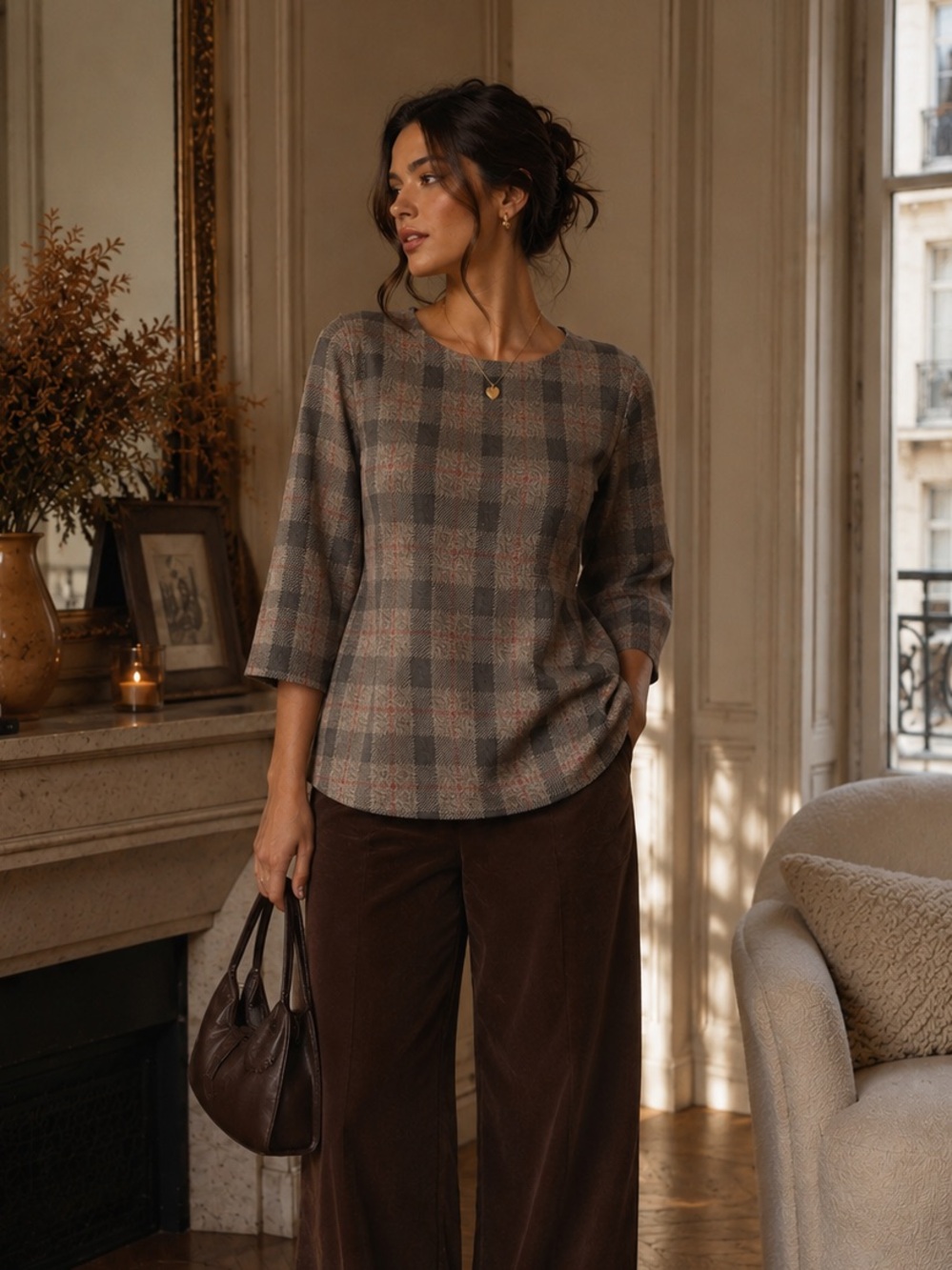 Luca Vanucci Made in Italy Women's Plaid Sweater Top Size Large Cropped Sleeve